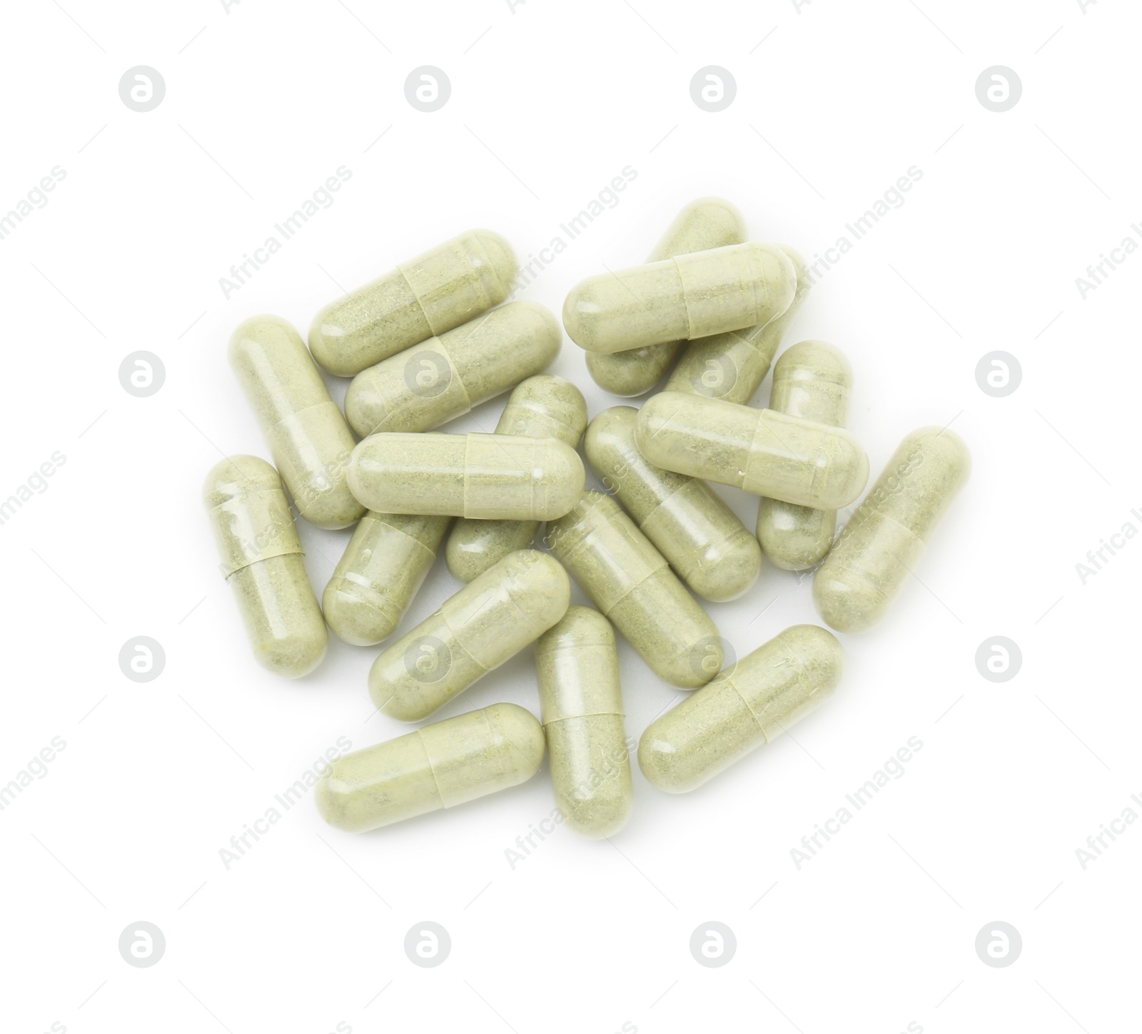 Photo of Vitamin capsules isolated on white, top view. Health supplement