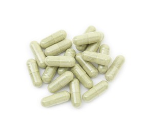 Vitamin capsules isolated on white, top view. Health supplement