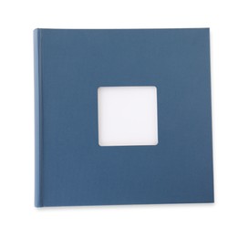 Photo of Blue closed photo album isolated on white, top view