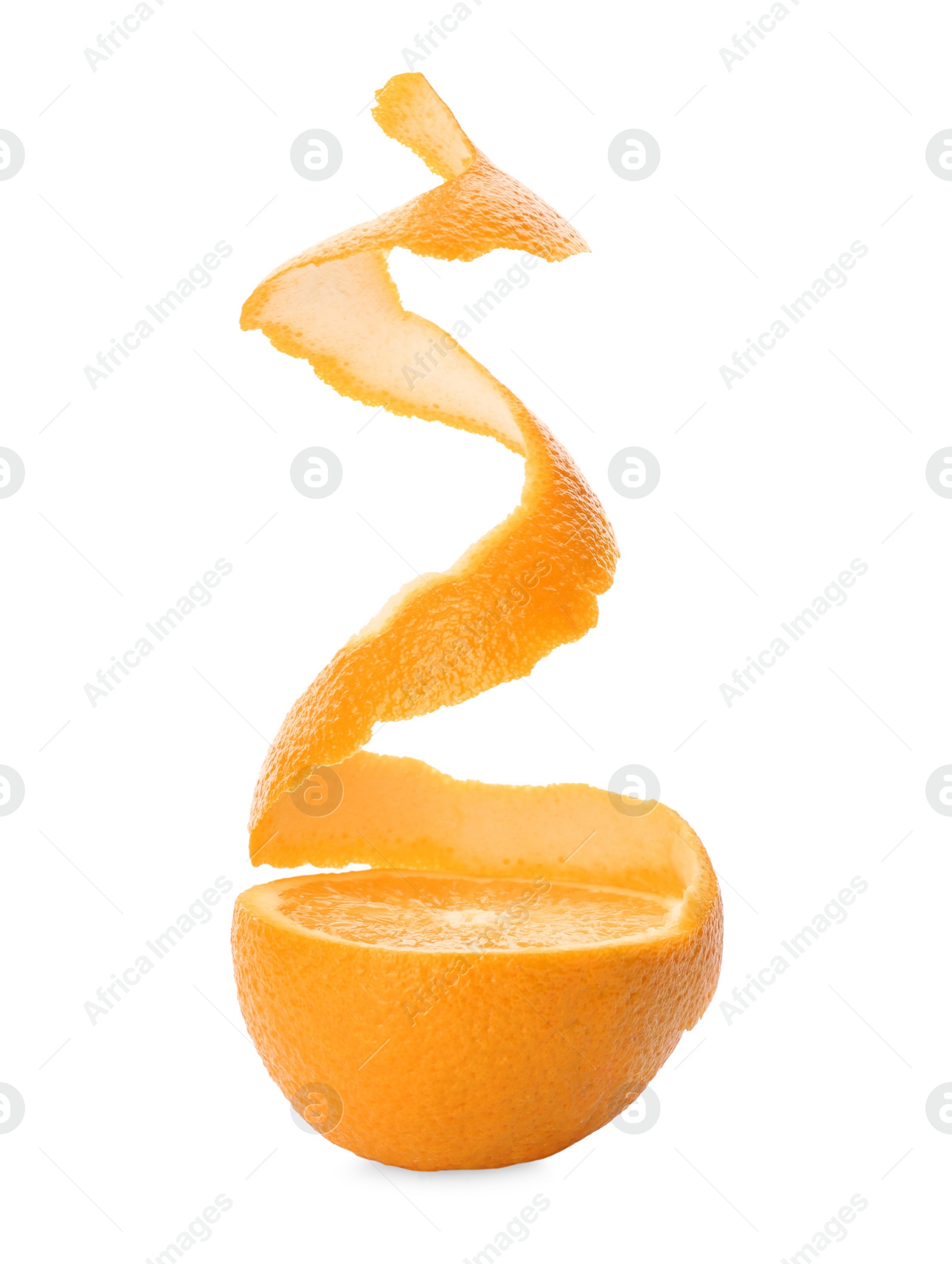 Photo of Half of orange fruit with peel on white background