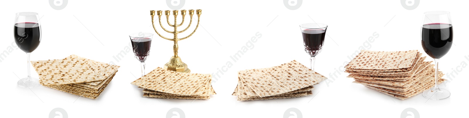 Image of Set with Passover matzos, red wine and menorah on white background, banner design. Pesach celebration