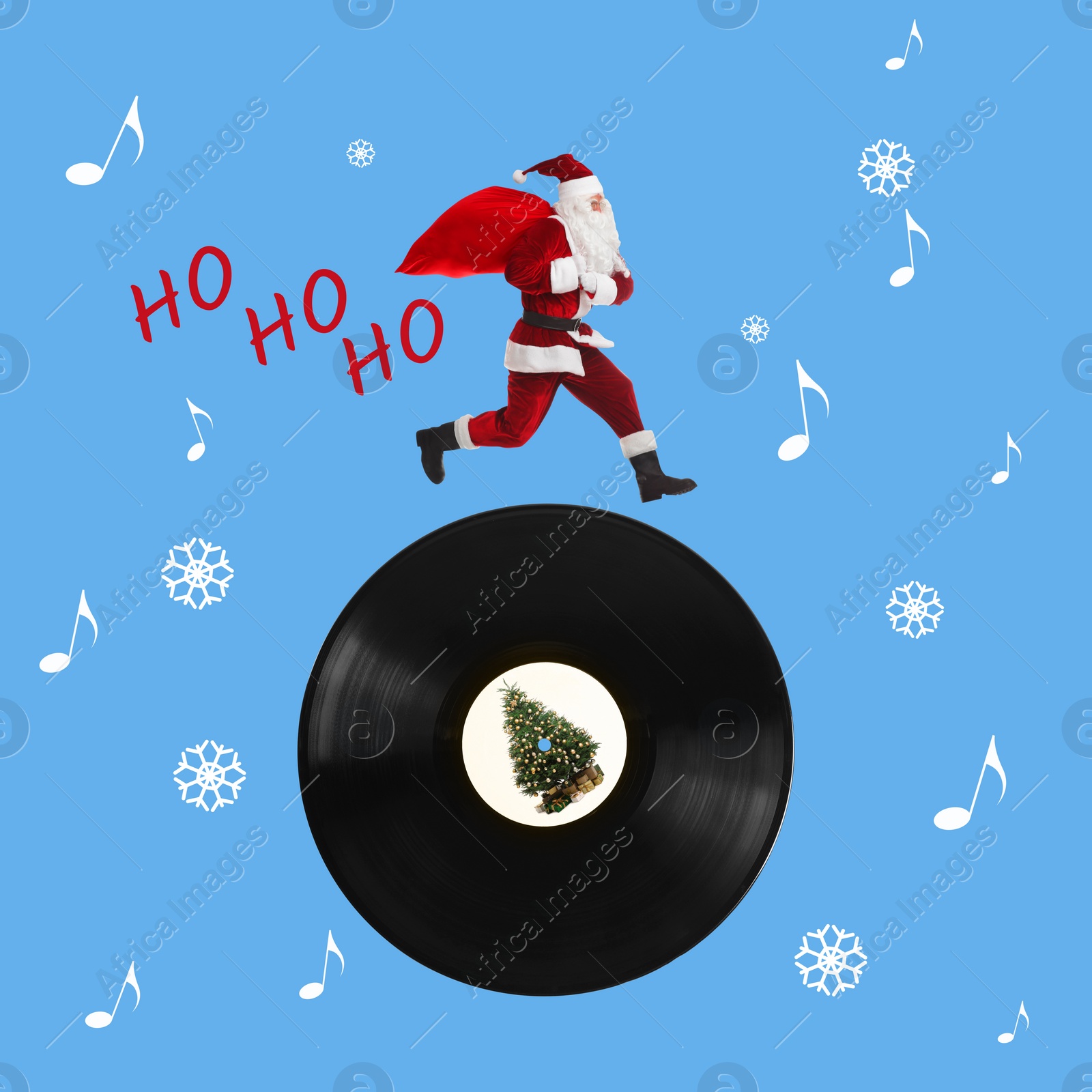 Image of Winter holidays bright artwork. Creative collage with Santa Claus running on vinyl record against light blue background