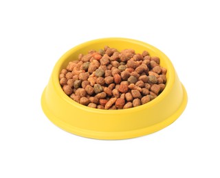 Photo of Dry pet food in feeding bowl isolated on white