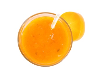 Photo of Tasty persimmon smoothie with straw and fruit isolated on white, top view