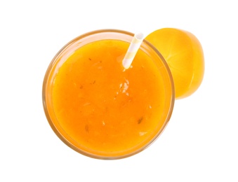 Tasty persimmon smoothie with straw and fruit isolated on white, top view