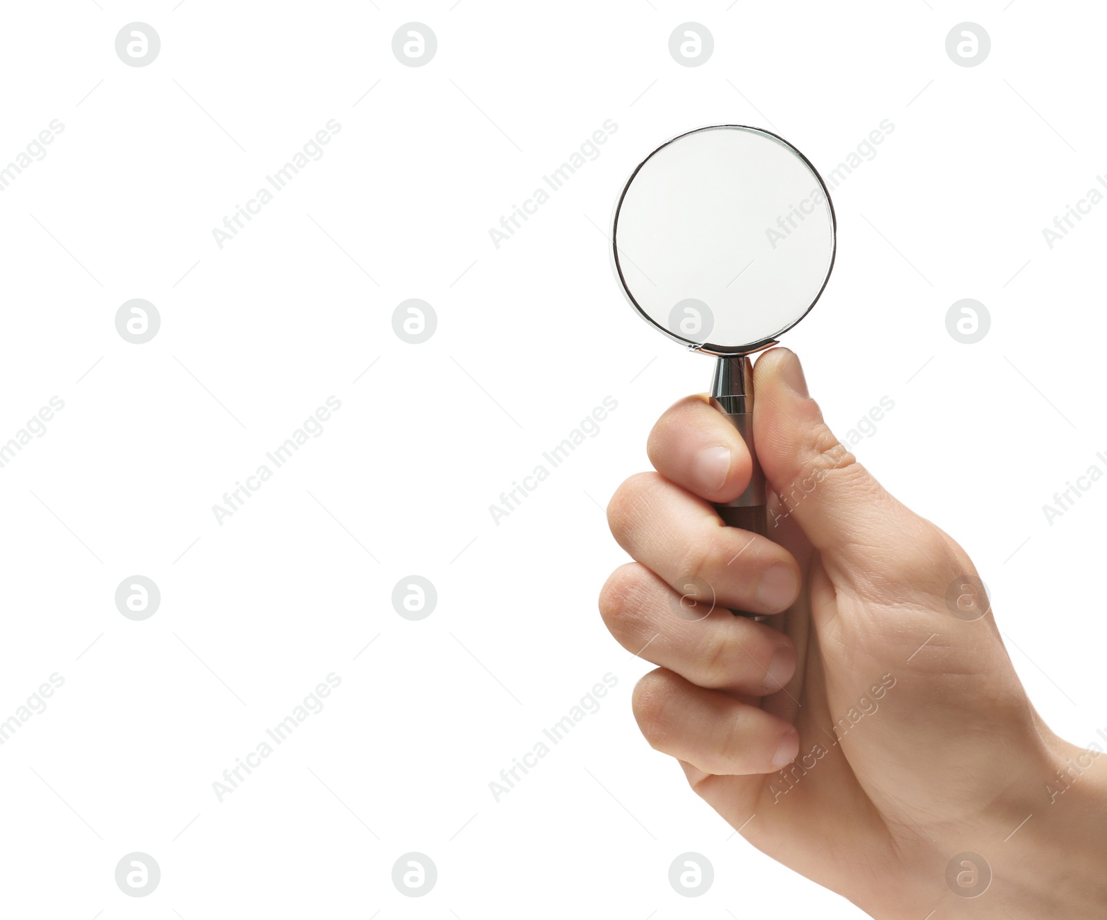 Photo of Woman holding magnifying glass on white background, closeup. Space for text