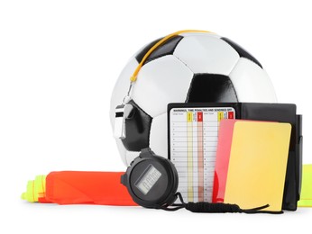 Photo of Soccer ball and different referee equipment isolated on white