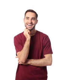 Photo of Portrait of emotional handsome man on white background