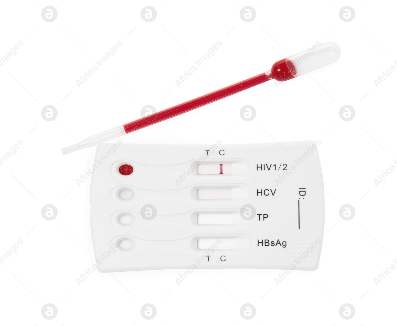 Photo of Disposable express hepatitis test kit on white background, top view