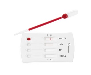 Photo of Disposable express hepatitis test kit on white background, top view