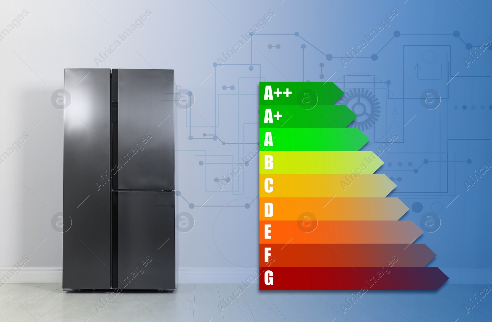 Image of Energy efficiency rating label and refrigerator indoors