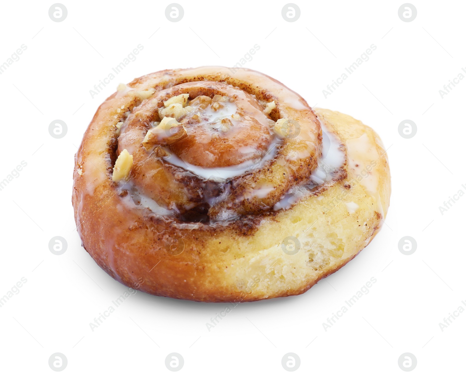 Photo of One tasty cinnamon roll with nuts isolated on white