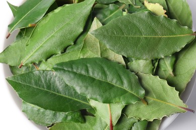 Photo of Many fresh bay leaves, flat lay. Spices for cooking