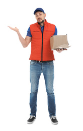 Photo of Emotional courier with damaged cardboard box on white background. Poor quality delivery service