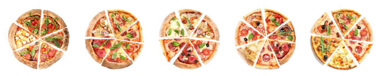 Image of Set with slices of different tasty pizzas on white background, top view. Banner design