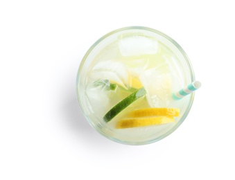 Glass of natural lemonade with citrus fruits on white background, top view