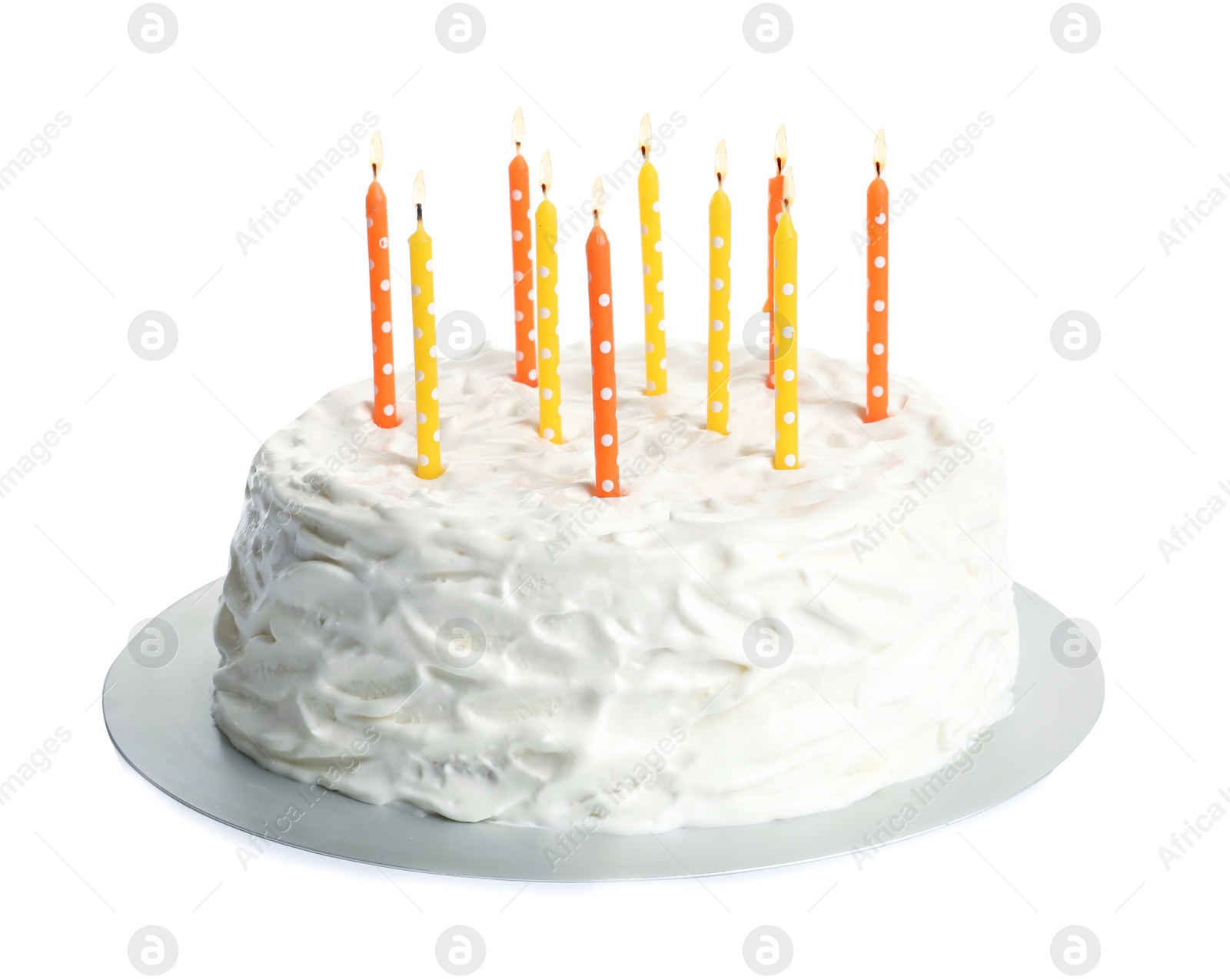 Photo of Birthday cake with candles on white background