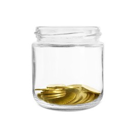 Photo of Glass jar with coins isolated on white