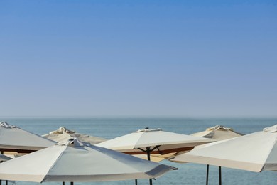 Photo of Many beach umbrellas at resort on sunny day