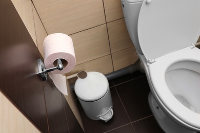 Holder with soft toilet paper roll in bathroom