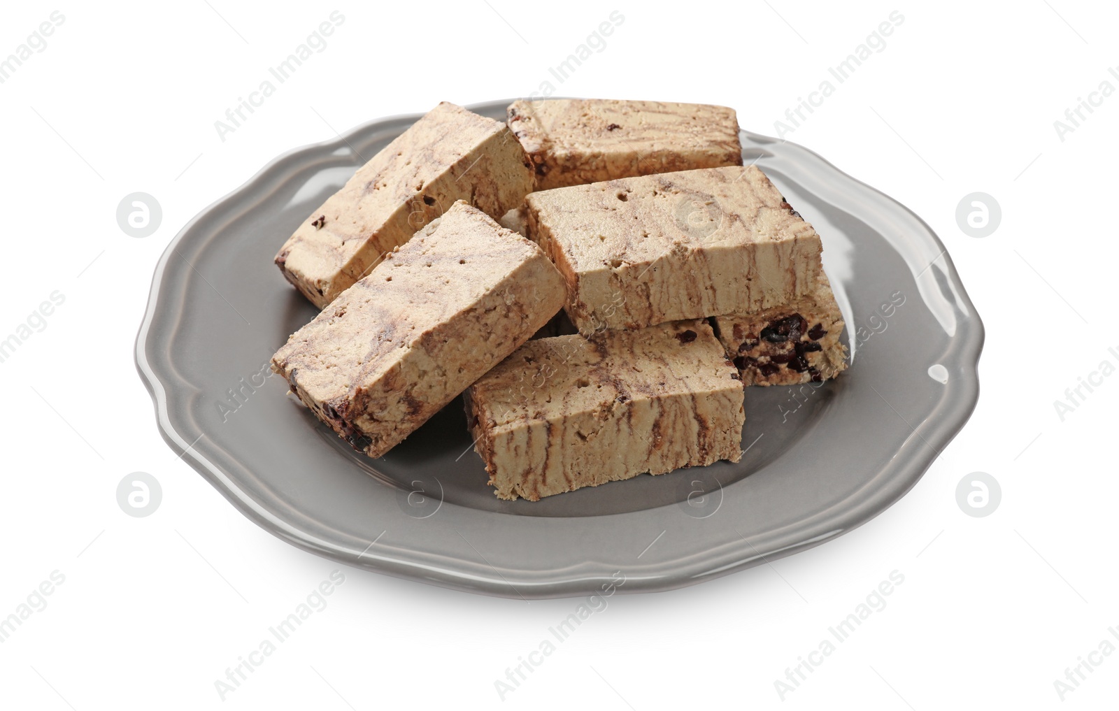 Photo of Pieces of tasty chocolate halva isolated on white