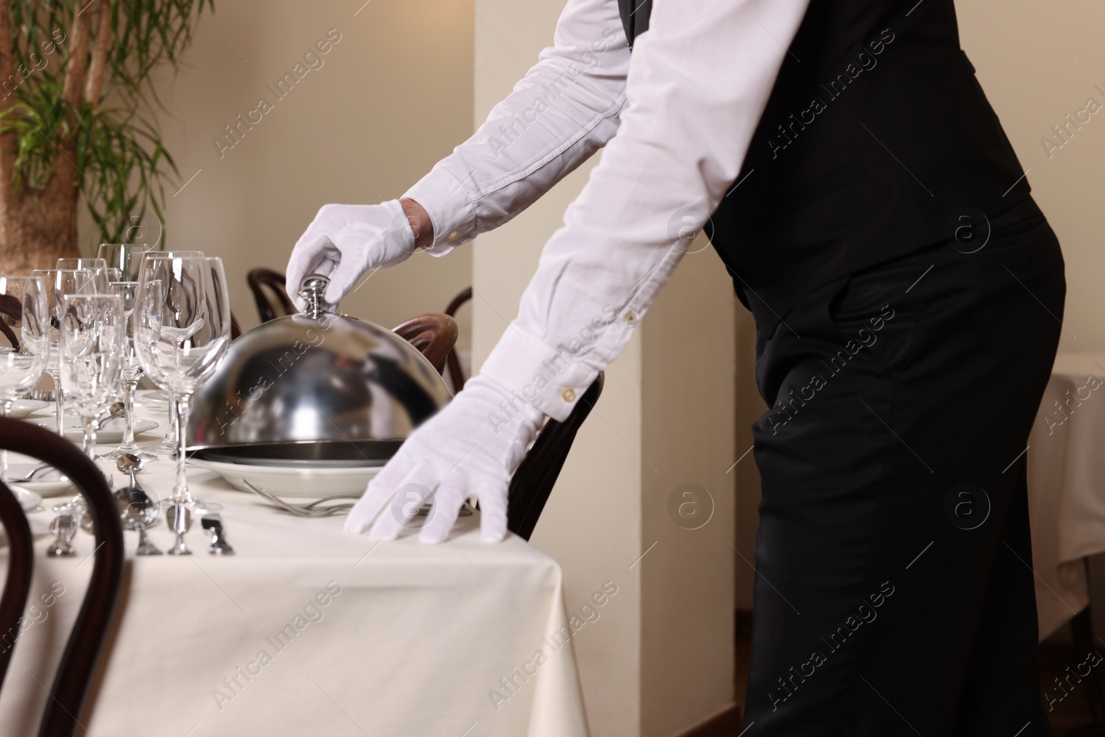 Photo of Man setting table in restaurant, closeup. Professional butler courses