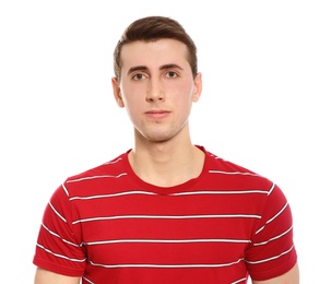 Photo of Portrait of young man in bright t-shirt on white background