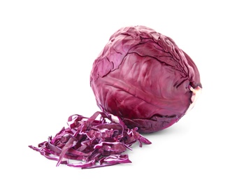 Photo of Whole and sliced red cabbage on white background