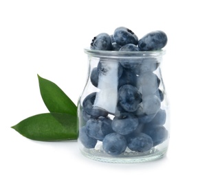 Photo of Glass jar full of fresh ripe blueberries on white background