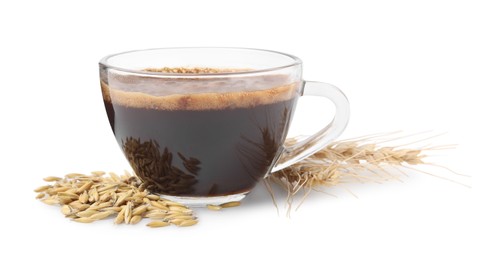 Photo of Cup of barley coffee, grains and spikes isolated on white