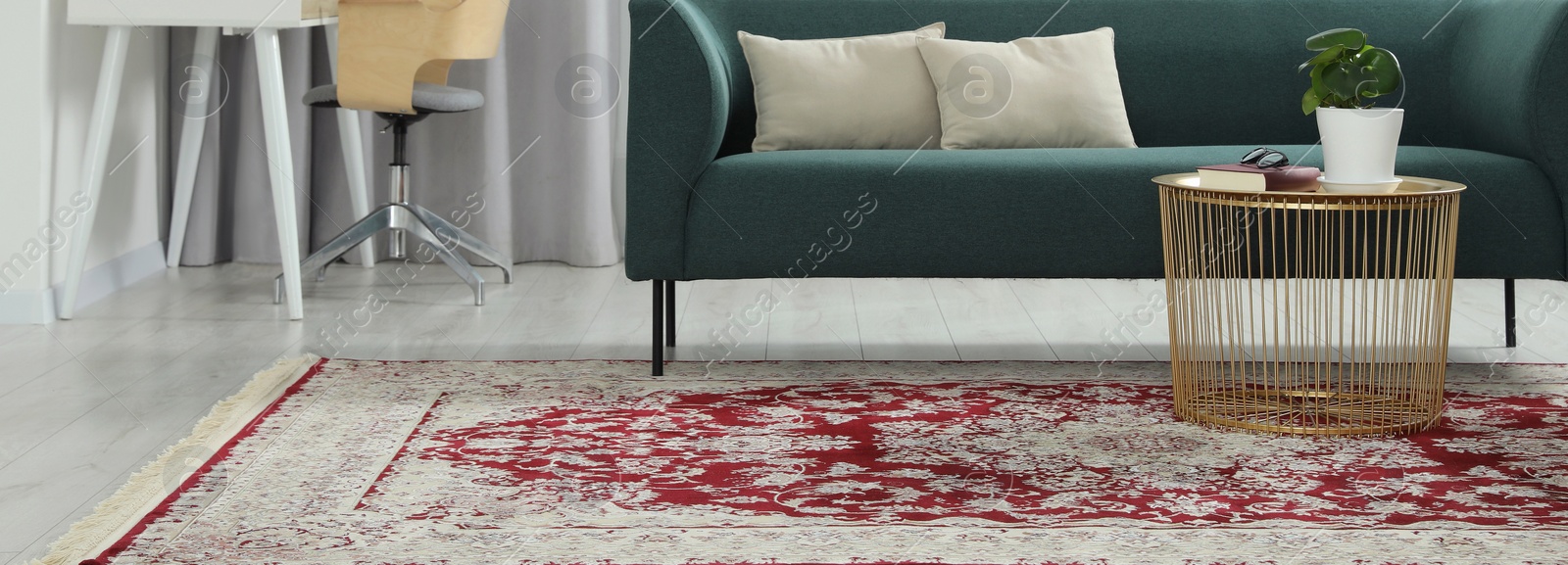 Image of Stylish living room interior with beautiful carpet and furniture. Banner design