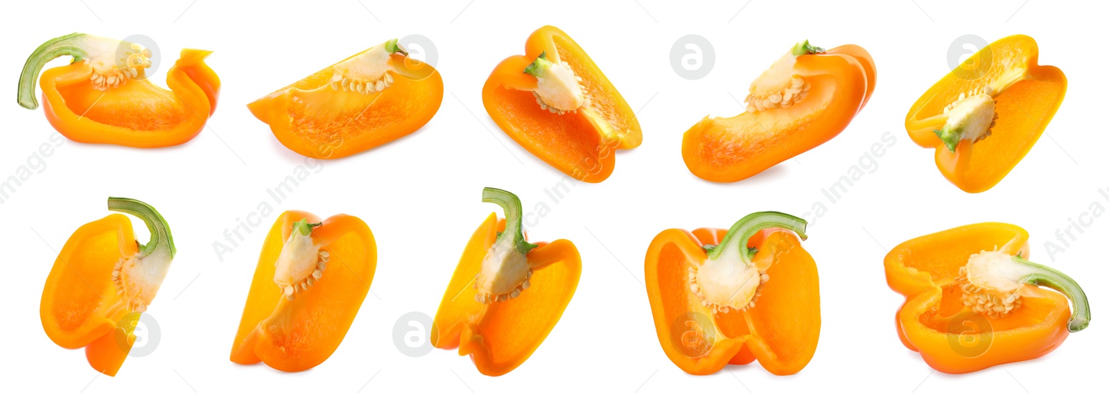 Image of Set of cut ripe orange bell peppers on white background