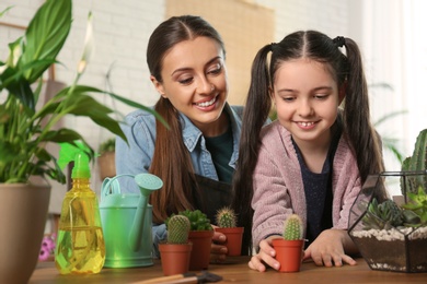 Mother and daughter taking care of potted plants at home