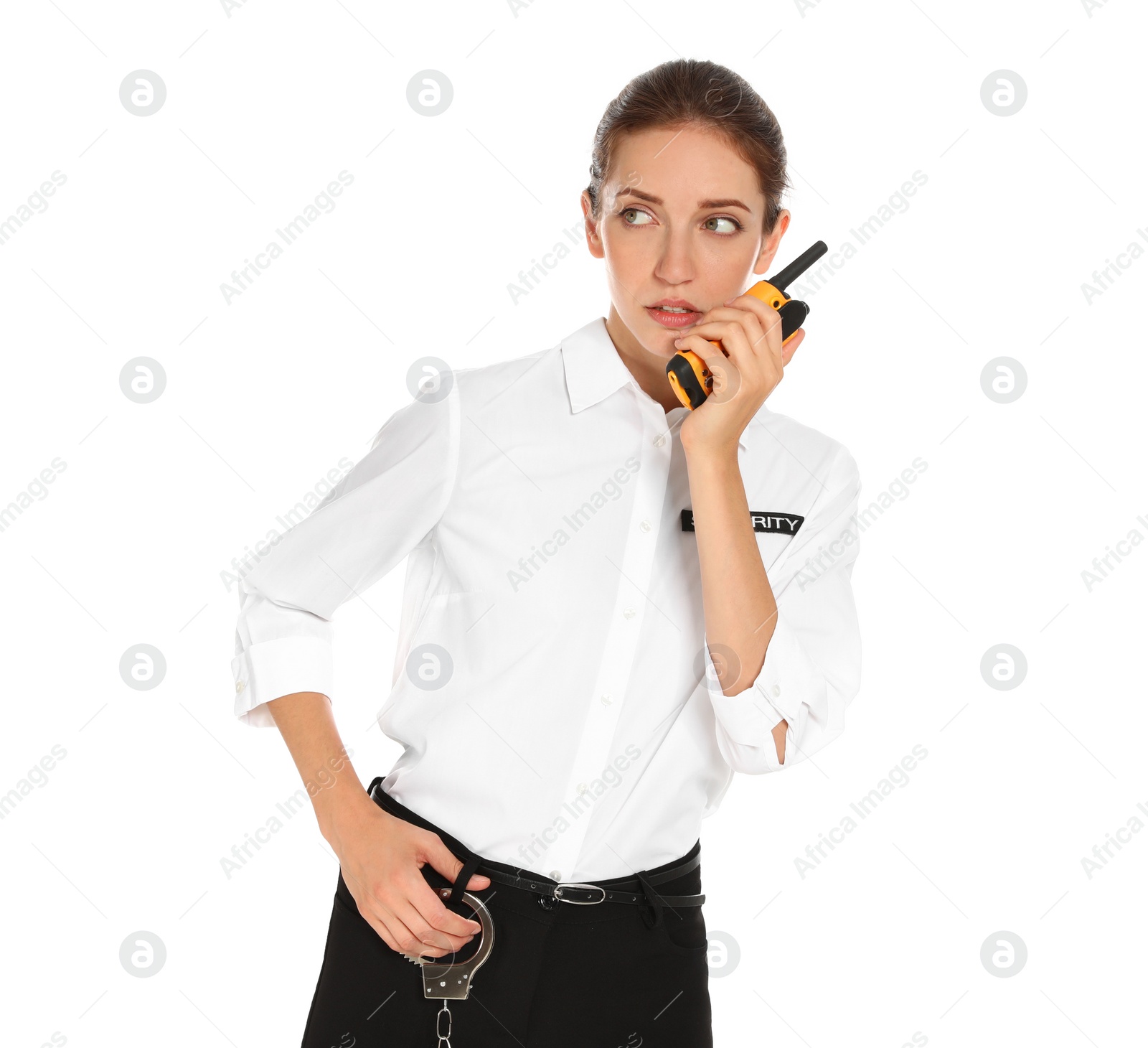 Photo of Female security guard in uniform using portable radio transmitter on white background