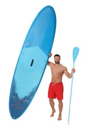 Happy man with blue SUP board and paddle on white background