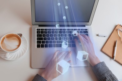 Image of Speed internet. Woman using laptop at table, top view. Motion blur effect symbolizing fast connection