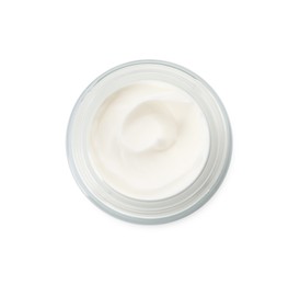 Photo of Glass jar of face cream on white background, top view
