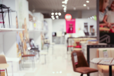 Blurred view of furniture store in mall. Bokeh effect