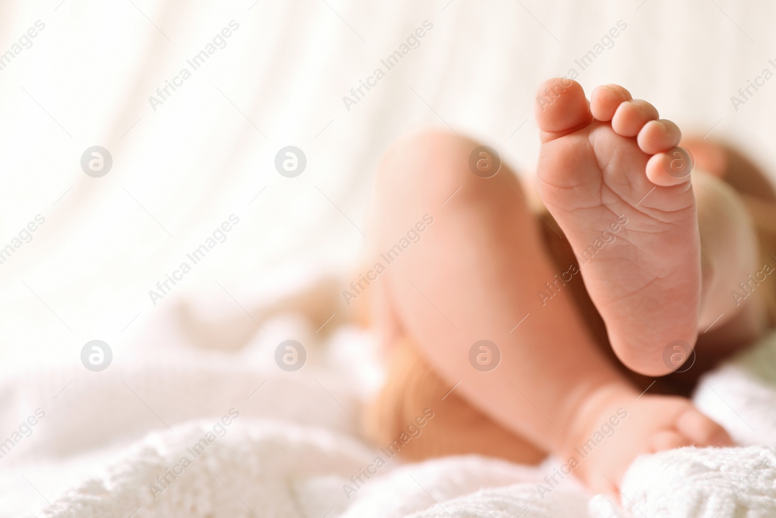 Photo of Cute newborn baby lying on bed, closeup of legs. Space for text