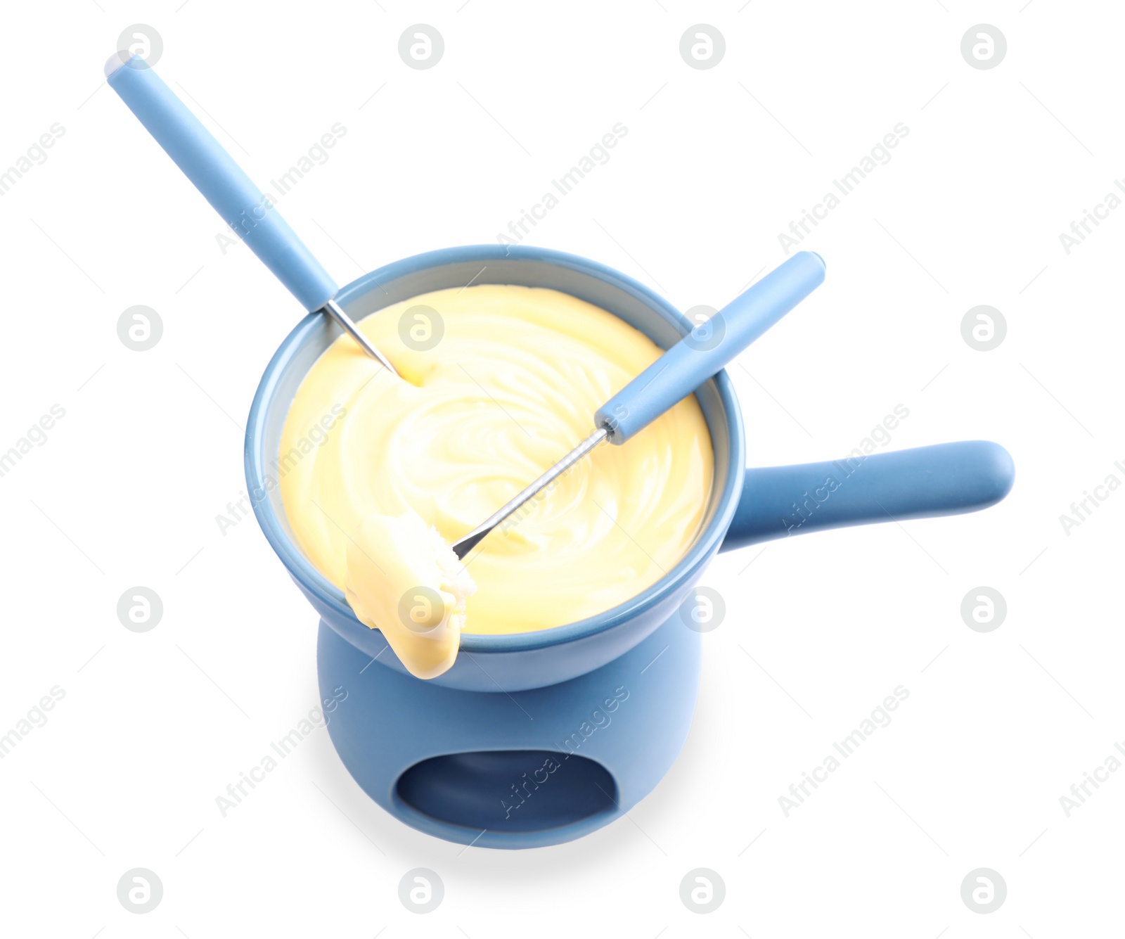 Photo of Pot of delicious cheese fondue and fork with bread on white background