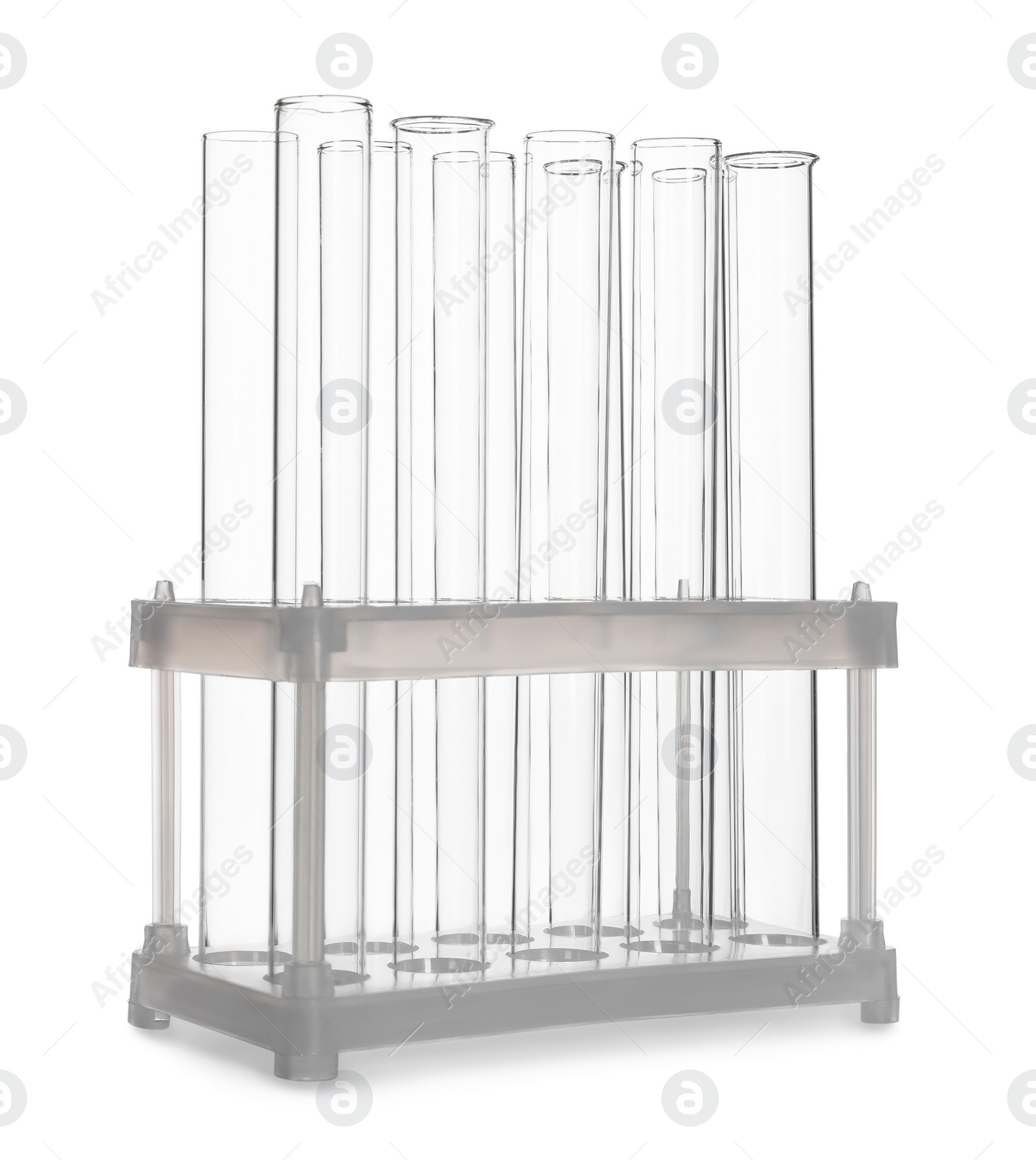 Photo of Stand with many empty test tubes isolated on white