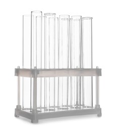 Photo of Stand with many empty test tubes isolated on white
