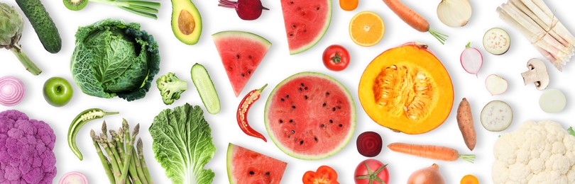 Collage with many vegetables and fruits on white background, top view