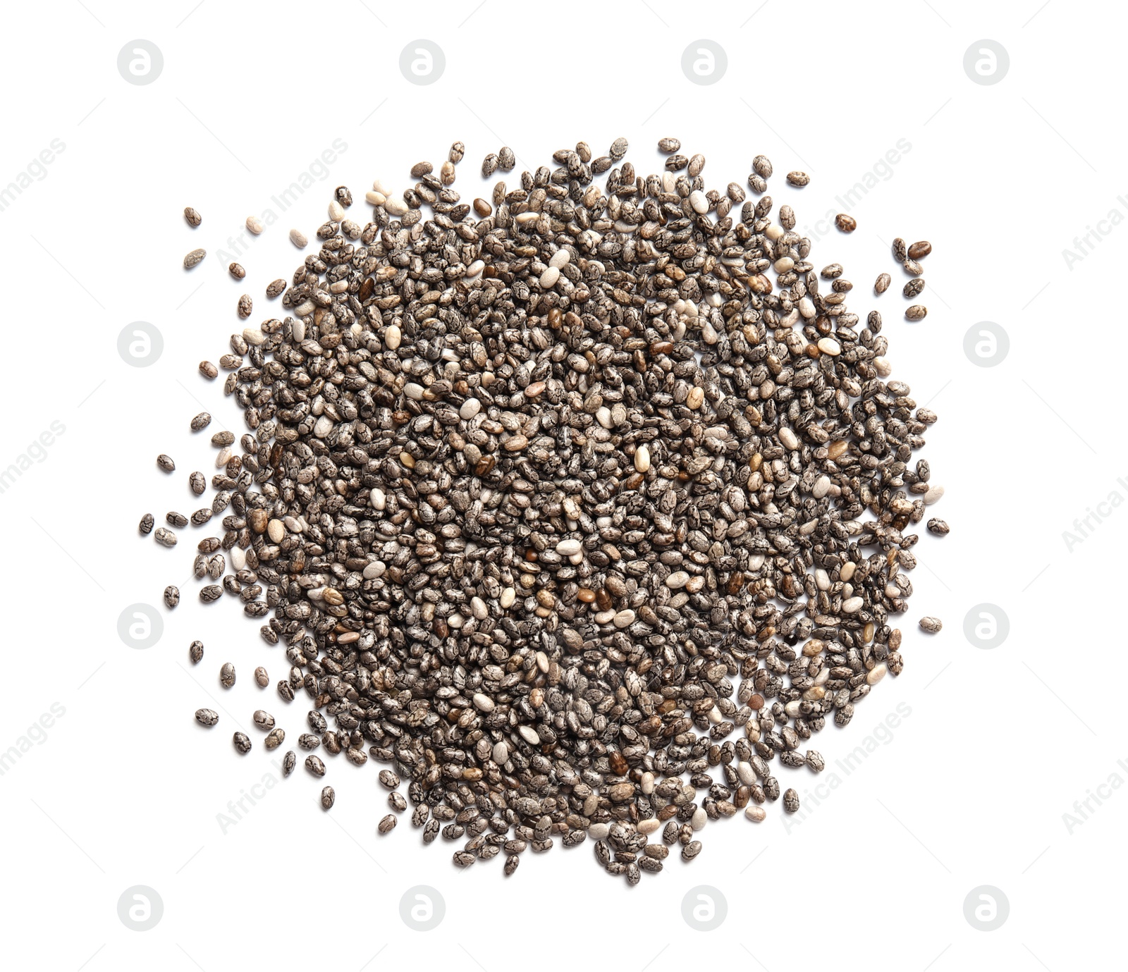 Photo of Chia seeds isolated on white, top view