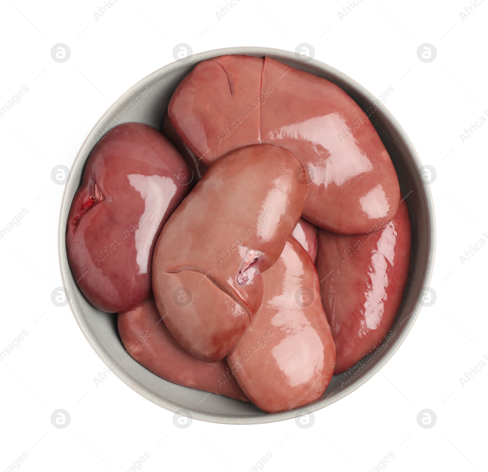 Photo of Bowl with fresh raw pork kidneys on white background, top view