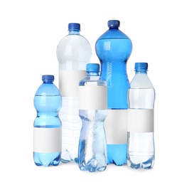 Bottles of pure water with blank labels on white background