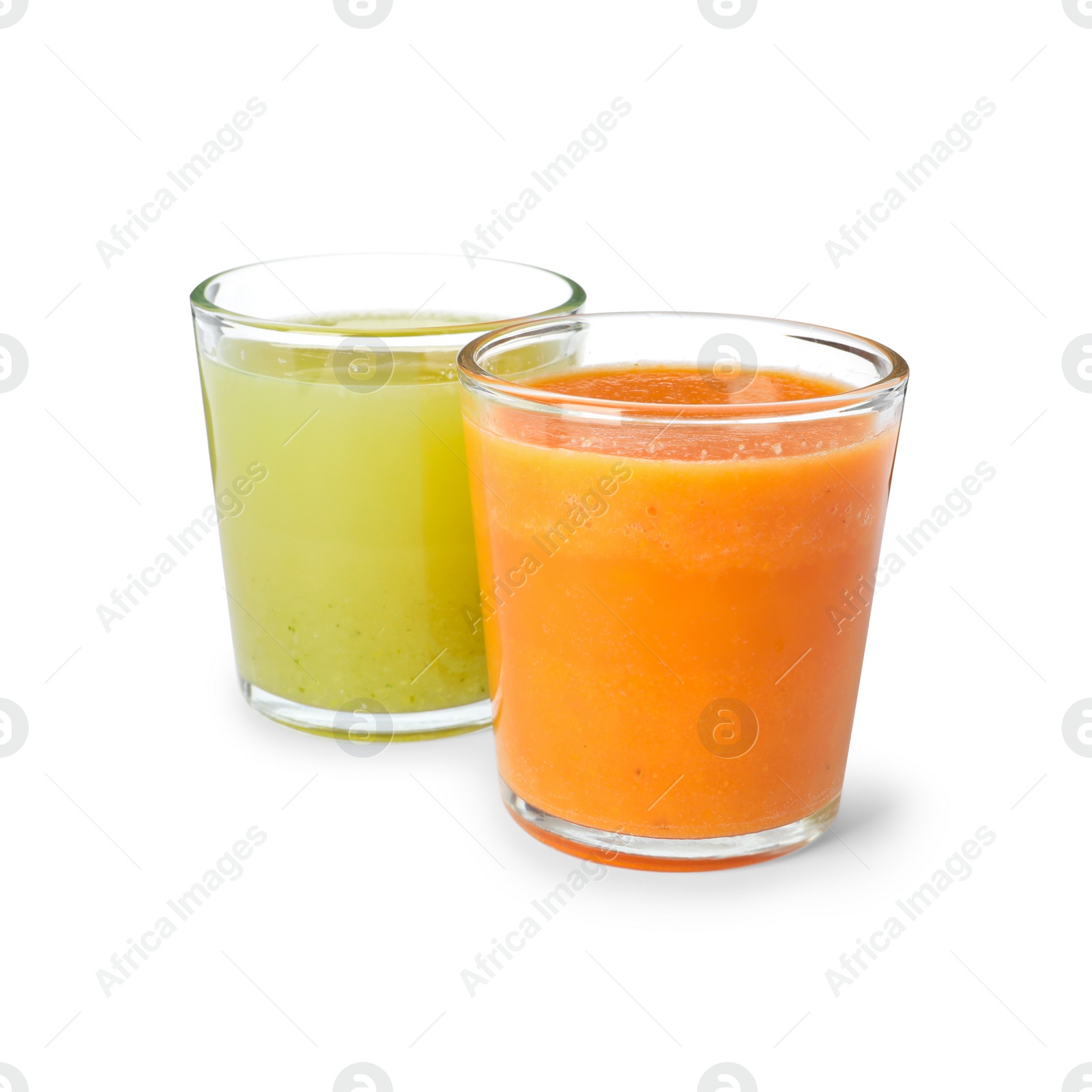 Photo of Glasses of delicious fresh juices on white background