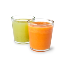 Photo of Glasses of delicious fresh juices on white background