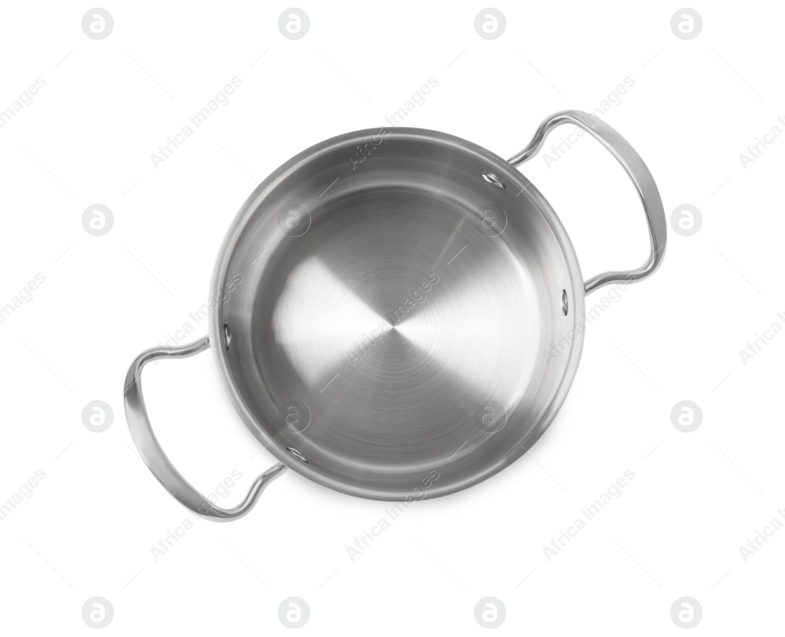 Photo of New shiny pot isolated on white, top view