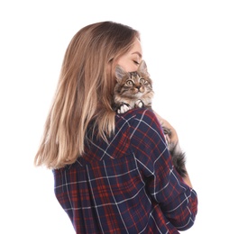 Photo of Young woman with cat on white background. Owner and pet